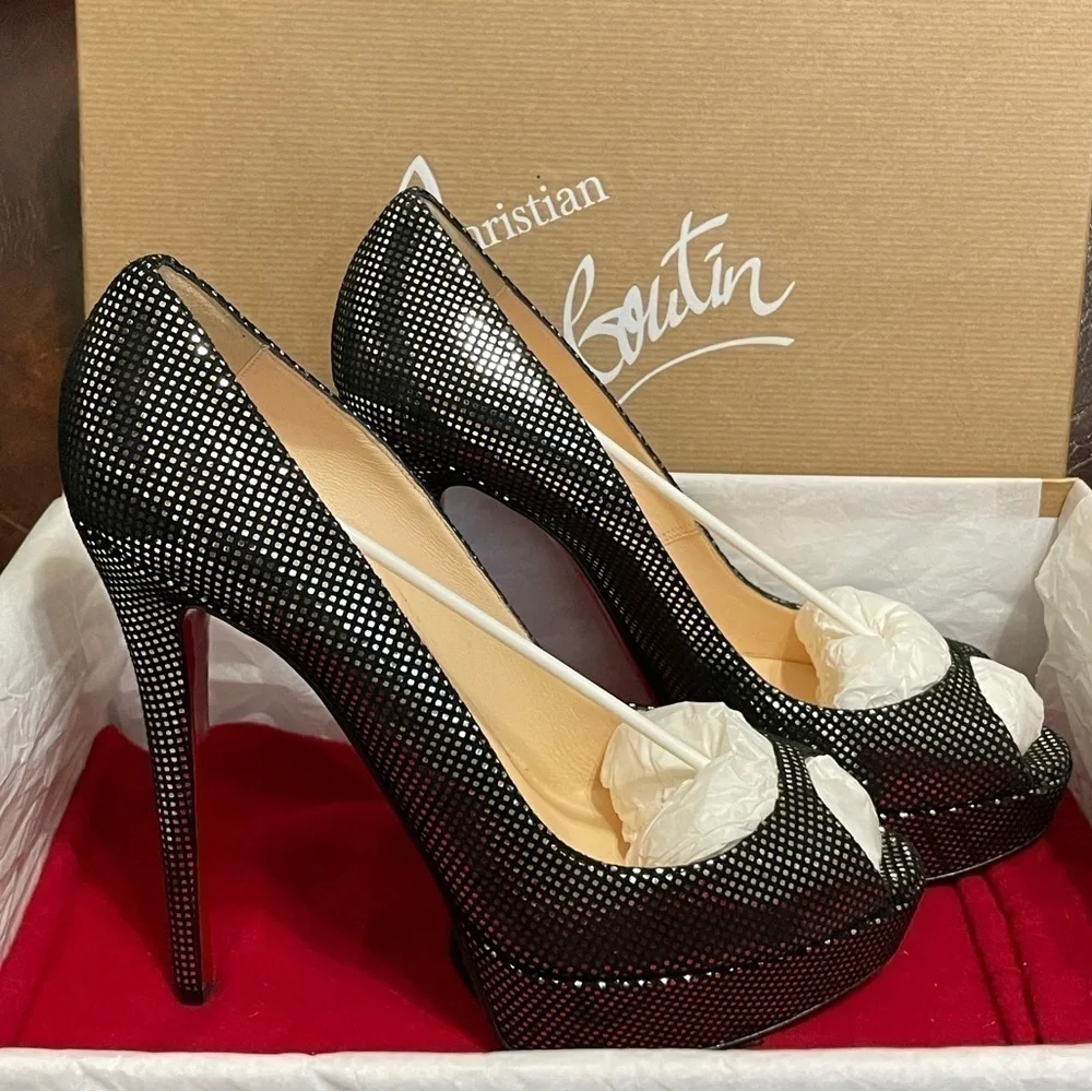Christian Louboutin Lady Peep plaid polka glitter pump 140mm 1” platform EU38.5